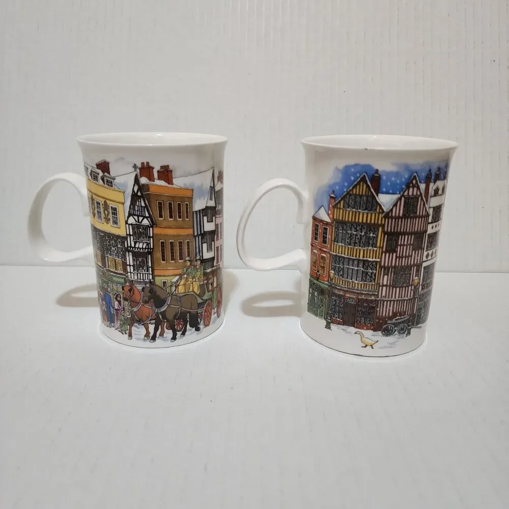 (2) Dunoon Bone China Mugs England Sue Scullard Christmas Time Carriage & Geese